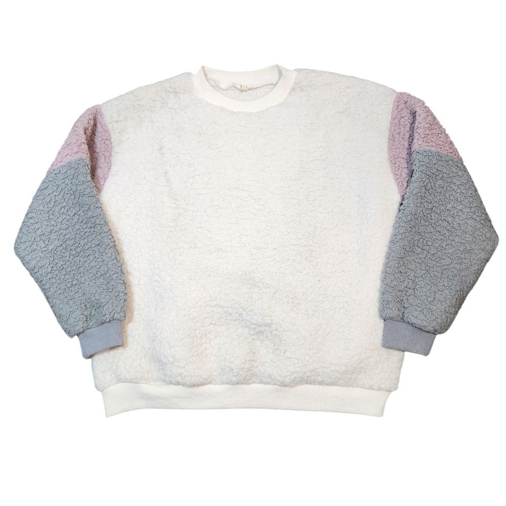 Women's Sweater Sweatshirt Size S Pink Gray Sherpa Chunky Oversized Loungewear